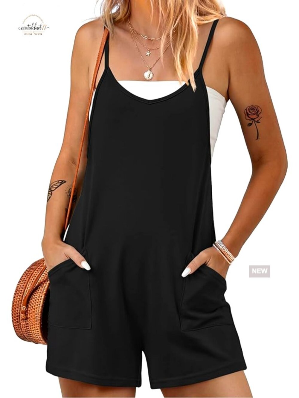 Summer Sleeveless Romper with Pockets Adjustable Straps V-Neck Jumpsuit